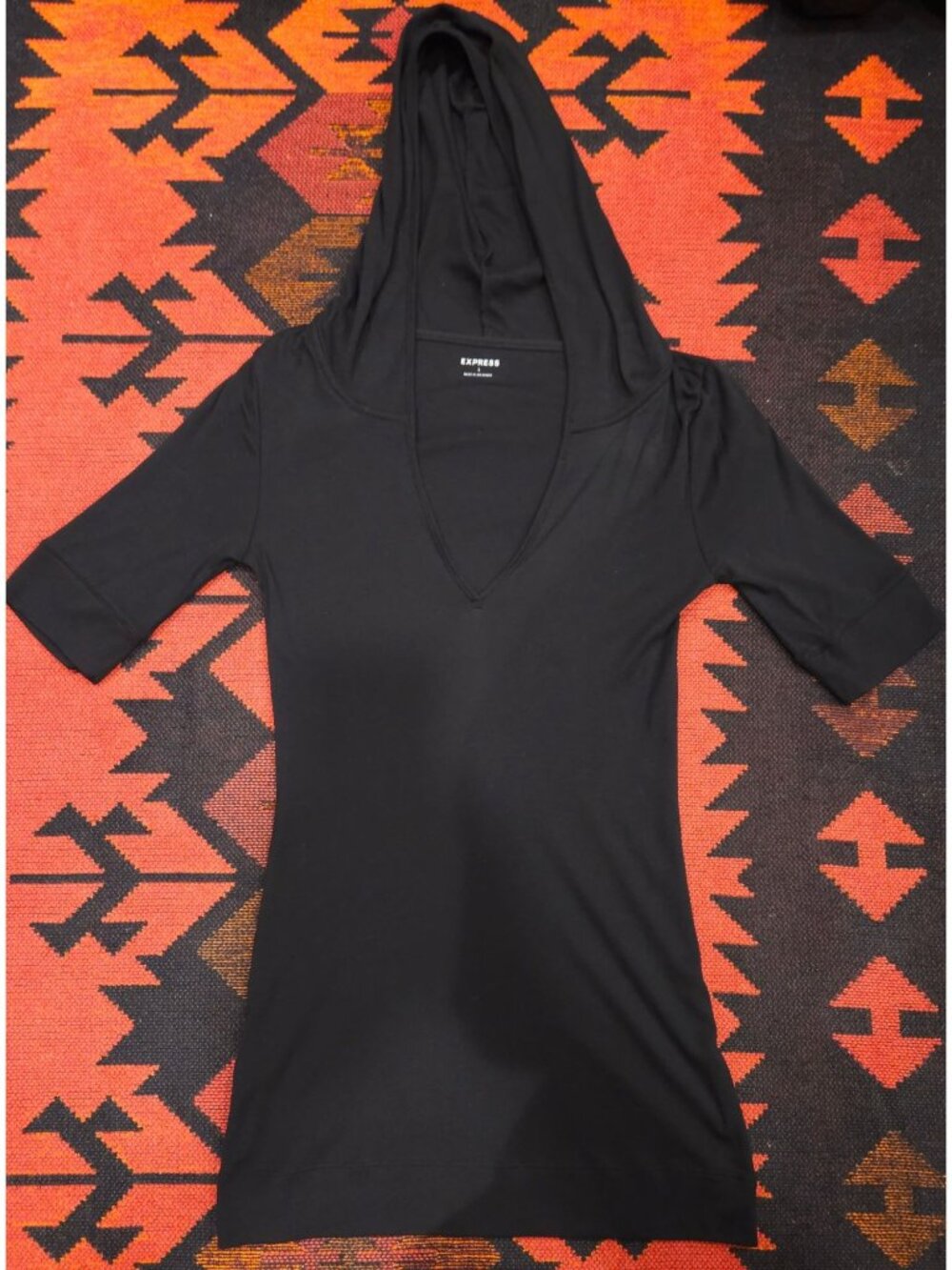 NEW VINTAGE Black Express Women's Hooded V-Neck Top 1/2 Sleeves. Pima cotton